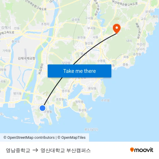 영남중학교 to 영산대학교 부산캠퍼스 map