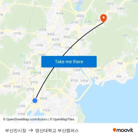 부산진시장 to 영산대학교 부산캠퍼스 map