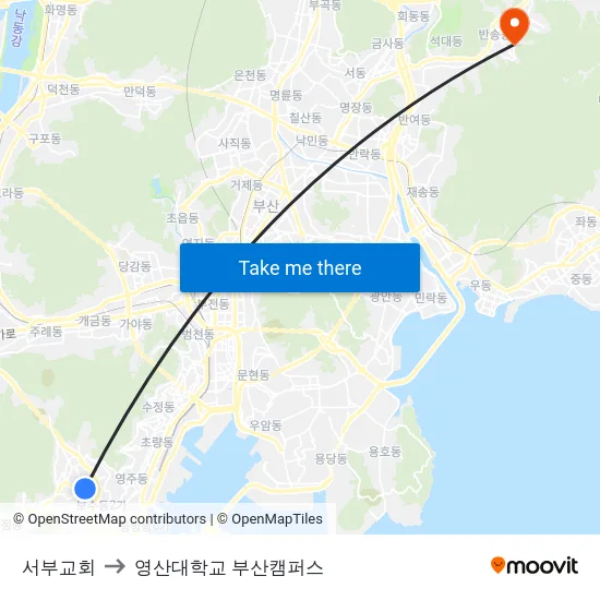 서부교회 to 영산대학교 부산캠퍼스 map