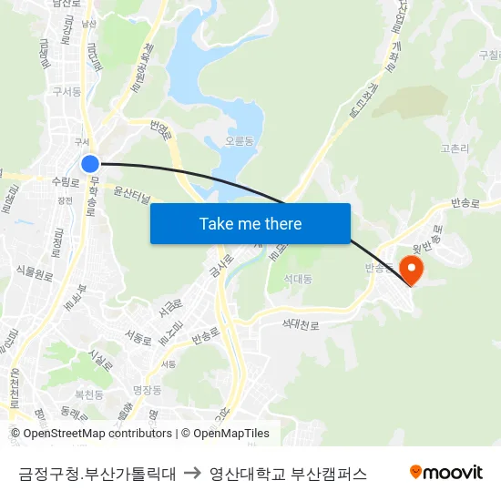 금정구청.부산가톨릭대 to 영산대학교 부산캠퍼스 map
