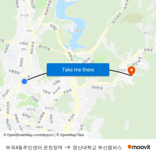 부곡4동주민센터 온천장역 to 영산대학교 부산캠퍼스 map