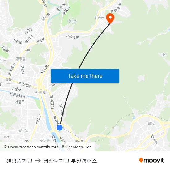 센텀중학교 to 영산대학교 부산캠퍼스 map