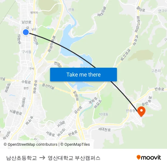 남산초등학교 to 영산대학교 부산캠퍼스 map