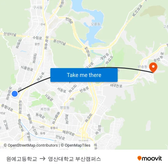 원예고등학교 to 영산대학교 부산캠퍼스 map