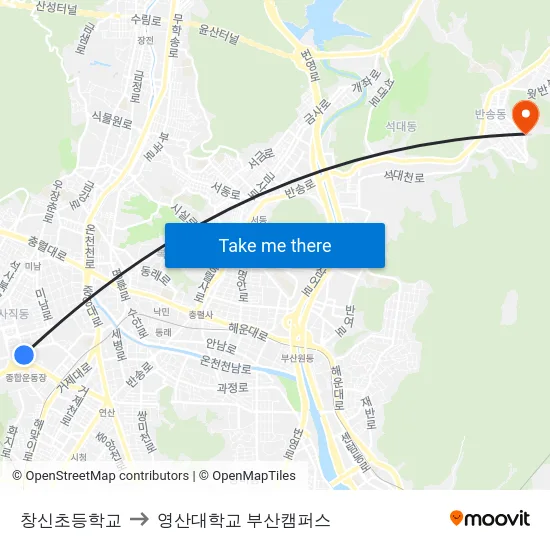 창신초등학교 to 영산대학교 부산캠퍼스 map