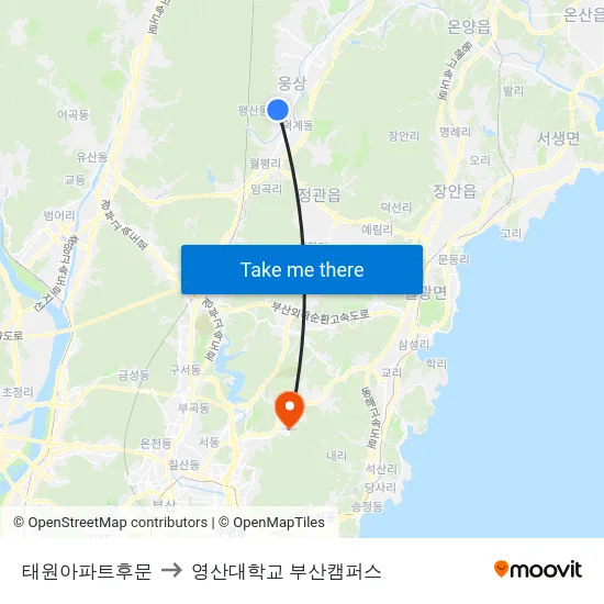 태원아파트후문 to 영산대학교 부산캠퍼스 map