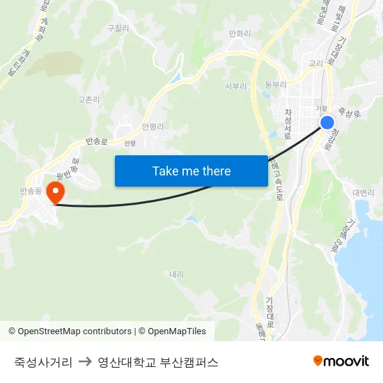 죽성사거리 to 영산대학교 부산캠퍼스 map