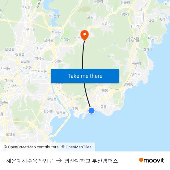 해운대해수욕장입구 to 영산대학교 부산캠퍼스 map
