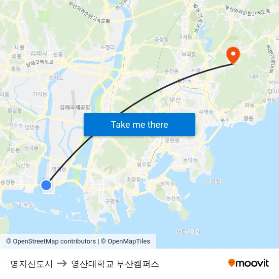 명지신도시 to 영산대학교 부산캠퍼스 map