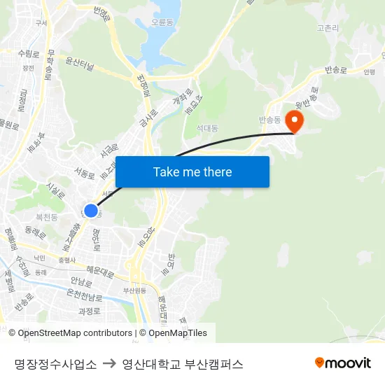 명장정수사업소 to 영산대학교 부산캠퍼스 map