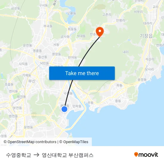수영중학교 to 영산대학교 부산캠퍼스 map