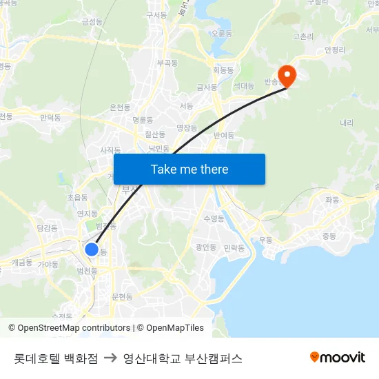 롯데호텔 백화점 to 영산대학교 부산캠퍼스 map