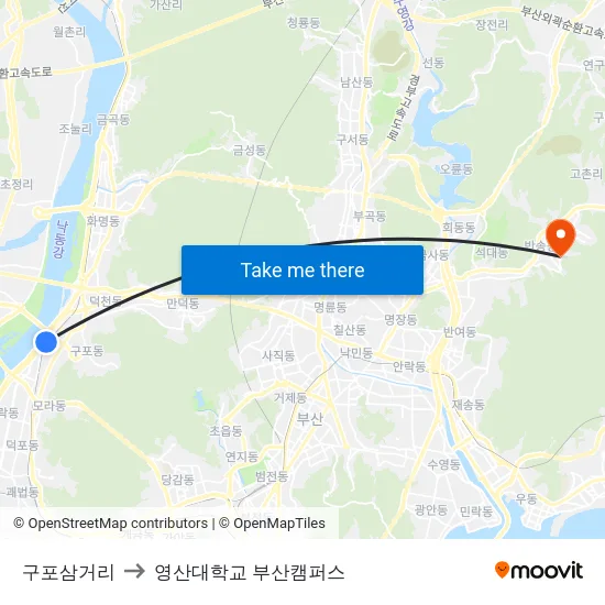 구포삼거리 to 영산대학교 부산캠퍼스 map