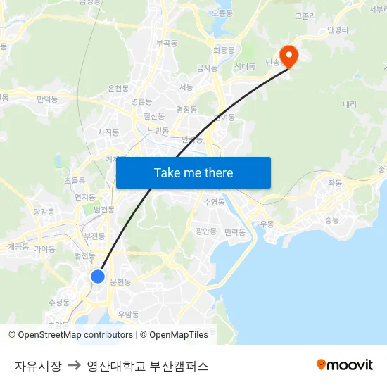 자유시장 to 영산대학교 부산캠퍼스 map