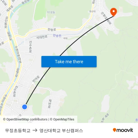 무정초등학교 to 영산대학교 부산캠퍼스 map