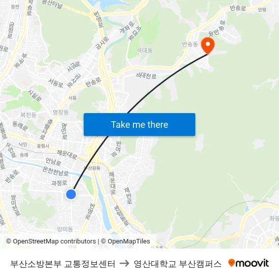 부산소방본부 교통정보센터 to 영산대학교 부산캠퍼스 map