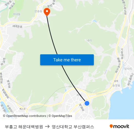 부흥고 해운대백병원 to 영산대학교 부산캠퍼스 map
