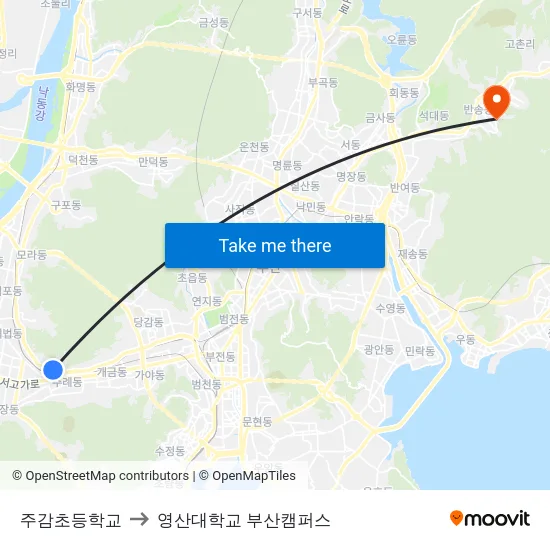 주감초등학교 to 영산대학교 부산캠퍼스 map