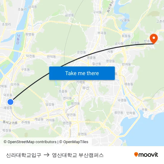 신라대학교입구 to 영산대학교 부산캠퍼스 map