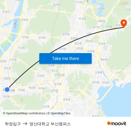 학장입구 to 영산대학교 부산캠퍼스 map