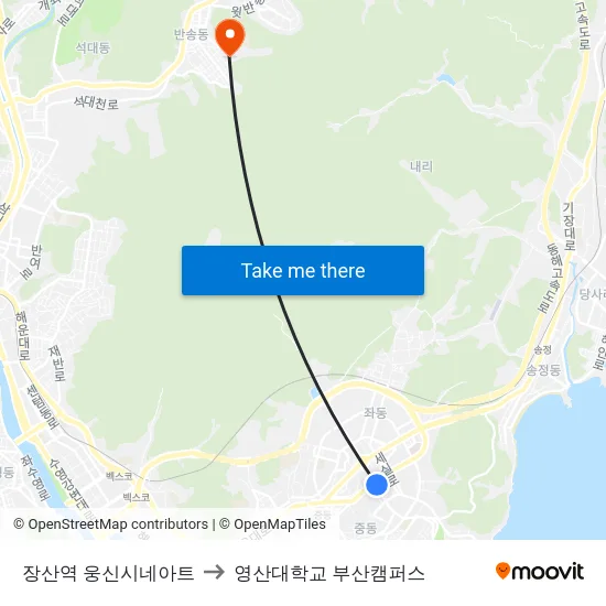 장산역 웅신시네아트 to 영산대학교 부산캠퍼스 map