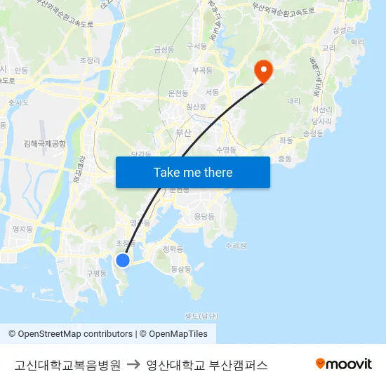 고신대학교복음병원 to 영산대학교 부산캠퍼스 map