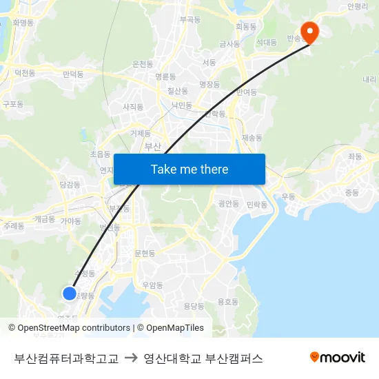 부산컴퓨터과학고교 to 영산대학교 부산캠퍼스 map