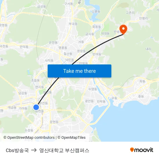 Cbs방송국 to 영산대학교 부산캠퍼스 map