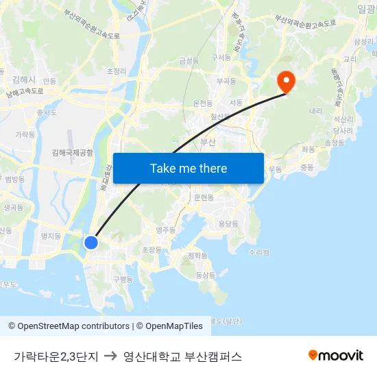 가락타운2,3단지 to 영산대학교 부산캠퍼스 map