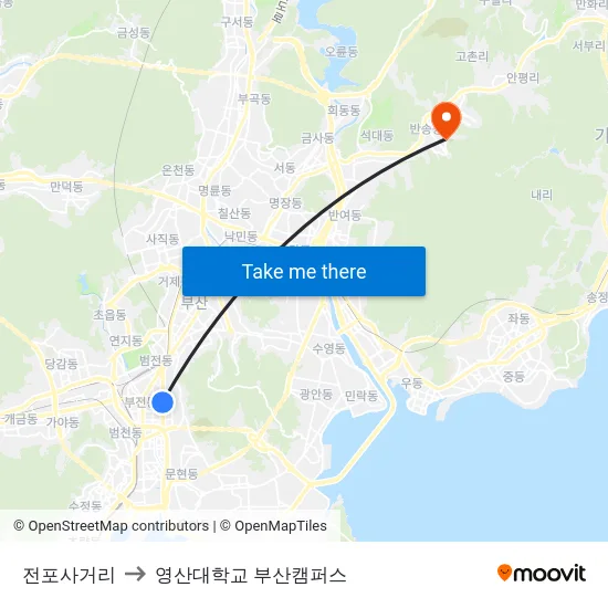 전포사거리 to 영산대학교 부산캠퍼스 map