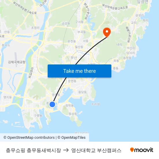 충무쇼핑 충무동새벽시장 to 영산대학교 부산캠퍼스 map