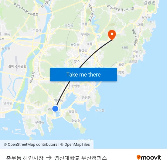 충무동 해안시장 to 영산대학교 부산캠퍼스 map