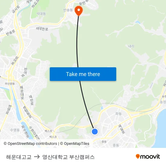 해운대고교 to 영산대학교 부산캠퍼스 map