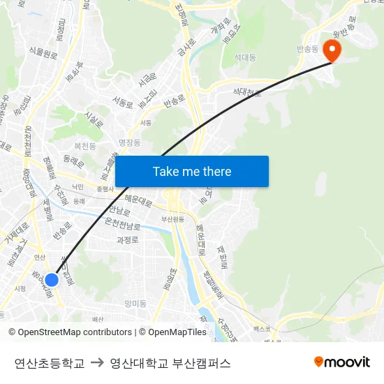 연산초등학교 to 영산대학교 부산캠퍼스 map