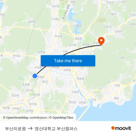 부산의료원 to 영산대학교 부산캠퍼스 map