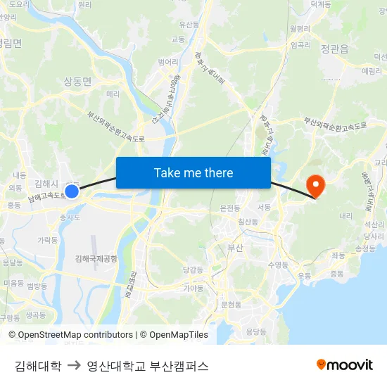 김해대학 to 영산대학교 부산캠퍼스 map