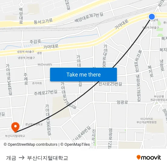 개금 to 부산디지털대학교 map