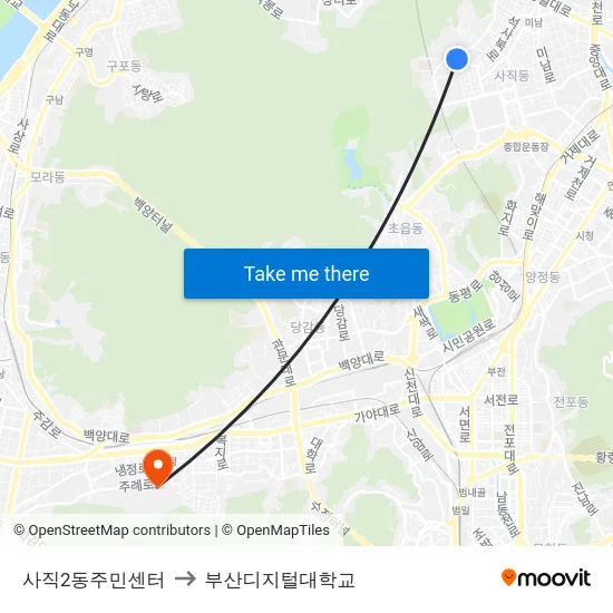 사직2동주민센터 to 부산디지털대학교 map