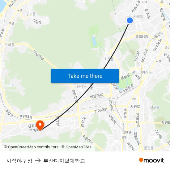 사직야구장 to 부산디지털대학교 map