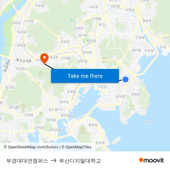 부경대대연캠퍼스 to 부산디지털대학교 map