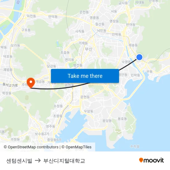센텀센시빌 to 부산디지털대학교 map