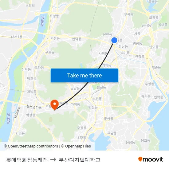 롯데백화점동래점 to 부산디지털대학교 map