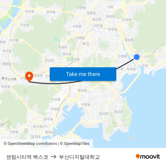 센텀시티역 벡스코 to 부산디지털대학교 map