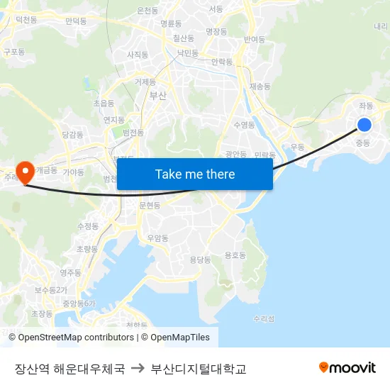 장산역 해운대우체국 to 부산디지털대학교 map
