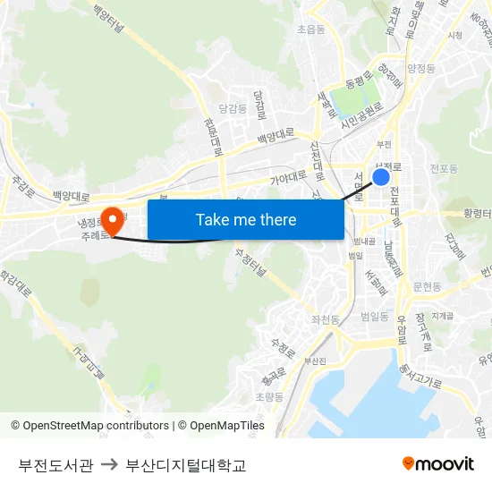 부전도서관 to 부산디지털대학교 map