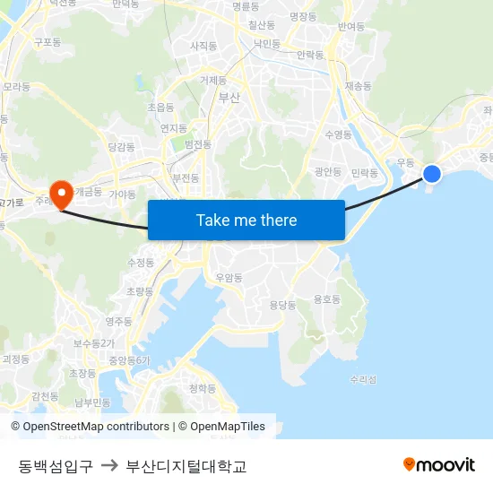 동백섬입구 to 부산디지털대학교 map