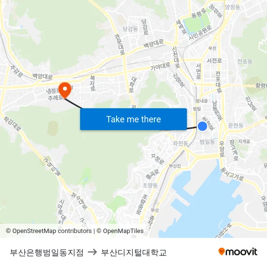 부산은행범일동지점 to 부산디지털대학교 map