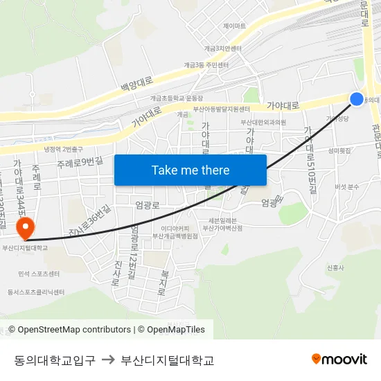 동의대학교입구 to 부산디지털대학교 map