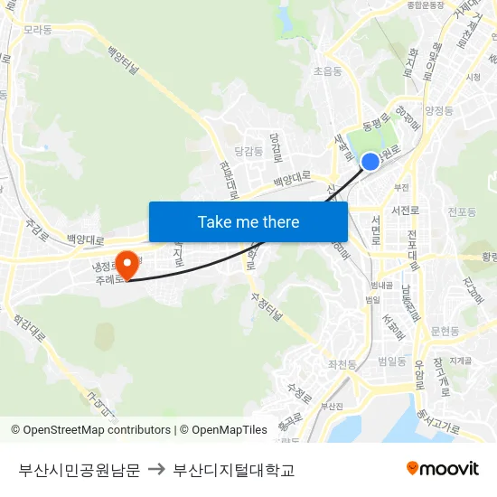 부산시민공원남문 to 부산디지털대학교 map