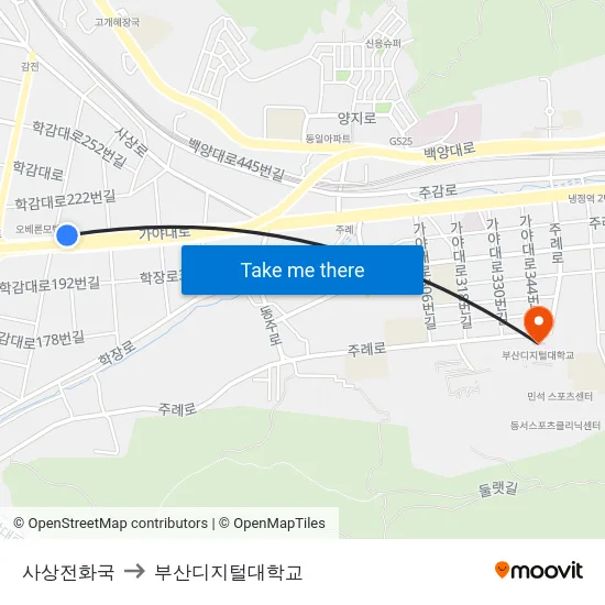 사상전화국 to 부산디지털대학교 map